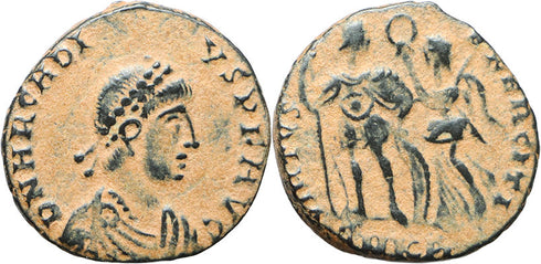 Ancient Roman coin of Arcadius - Emperor being crowned by Victory